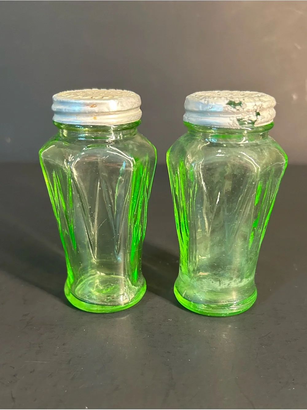Hazel Atlas Green Uranium Glass Salt & Pepper Shakers